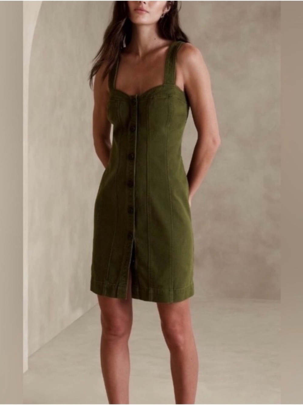 Banana Republic Olive Green Button-Front Mini Dress